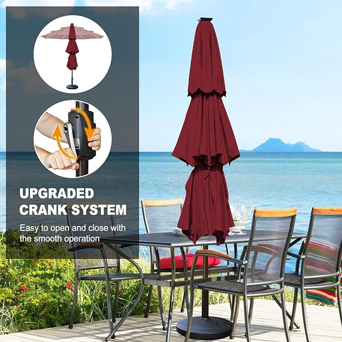 Eurmax USA 10-Year-Non-Fading 10FT 3-Tier Outdoor Patio Market Umbrella with LED Lights,UPF50+ UV Resistant,Commercial Grade,Crank Lift Design,Windproof Vented Top for Garden,Pool,Deck,Burgundy