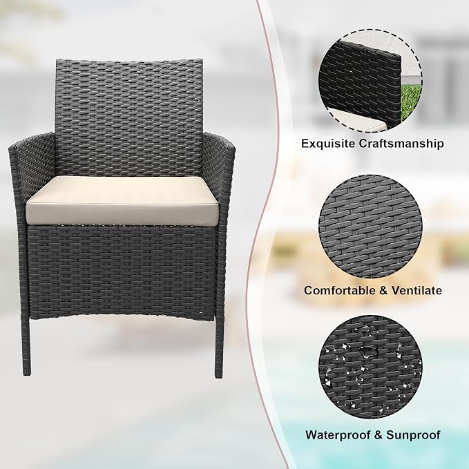 3-Piece Patio Furniture Set,Outdoor Patio Conversation Set with 2 PE Rattan Armchairs, Weather-Resistant Cushions & Tempered Glass Table,All-Weather Bistro Set for Garden, Backyard（Black/Beige）