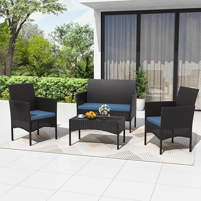 4 Piece Patio Rattan Conversation Set, Outdoor Rattan Chair Wicker Furniture Set, Couple Seats and Tempered Glass Table,Comfort Seat for Patio, Pool or Backyard