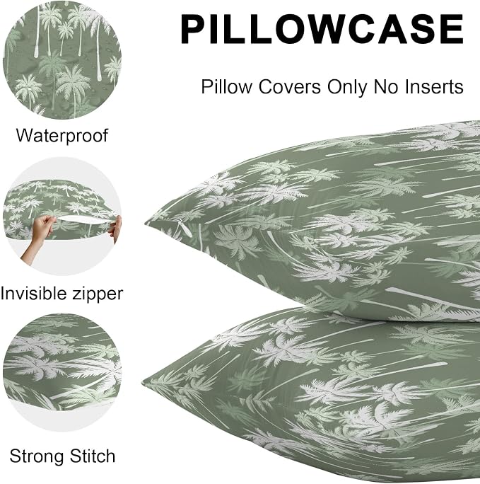 Lumbar Pillow Covers 20x12 Inch Set of 2, Tropical Palm Tree Waterproof Outdoor Pillow Covers, Olive Green Plants Coastal Leaf Beach Decorative Cushion Pillowcases for Couch, Sofa, Bed, Garden, Patio