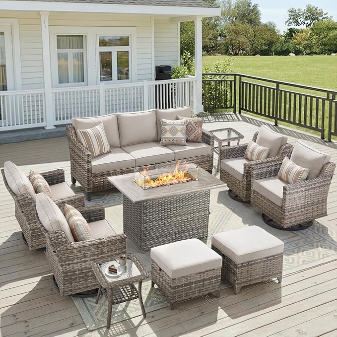 Patio Furniture Set with 42.5" Fire Pit Table-10 Pieces All Weather Wicker Outdoor Furniture with High Back Swivel Patio Chairs Set of 4 Outdoor Patio Conversation for Deck Garden Beige/Gray