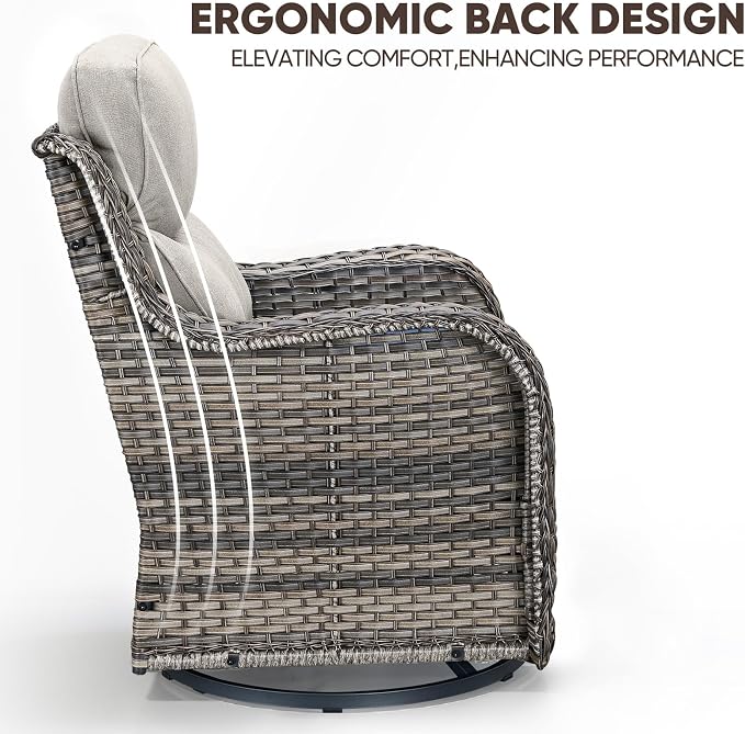 Swivel Patio Chairs Set of 3 with 6" Thick Cushion - Wicker Outdoor Swivel Rocker Patio Chairs with Side Table, High Back Comfortable Outdoor Glider Chair - Grey Wicker | Beige Cushions