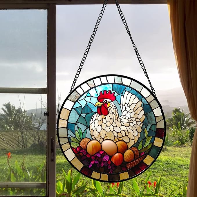 DASTOLL Stained Glass Window Hanging White Chicken Hatching Eggs Large 15" - Suncatcher Door Garden Sunroom Sun Catcher Home Decor Birthday Christmas for Mom Men Woman Nana