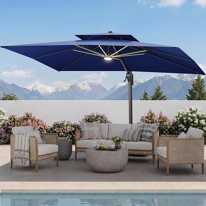 10 X 13 FT Cantilever Patio Umbrella with Led Lights and Base Included Heavy Duty Outdoor Double Top Large Rectangle Offset Umbrellas with 360-degree Rotation for Garden Pool Deck Backyard, Navy
