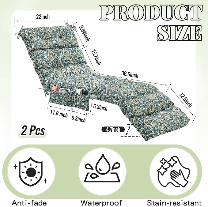 Kigley Outdoor Chaise Lounge Cushions with 3 Side Pocket 74.5 x 22 x 4.7 Inch Patio Chaise Lounge Cushion, Water-Repellent and Fade-Resistant Tufted Summer Replacement(2 Pcs,Cyan Paisley,Patterned)