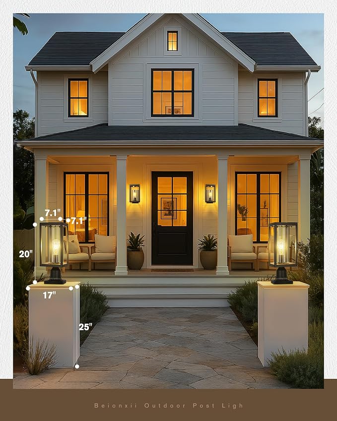 Beionxii Outdoor Post Lights, 20inch Large Modern Large Exterior Post Lantern Pillar Light with Pier Mount Base, Black Cast Aluminum w/Clear Cylinder Glass - A291P-1PK (NOT Solar, 110-120V AC)