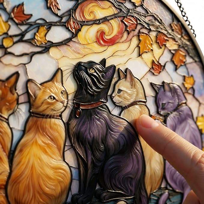 Deluxe Bundle | Stained Glass Window Hanging, Five Cats 3D Embossed Diamond Glass Suncatcher, 7-Piece Cat Lover Gift Set with Crystal Pendant & Invisible Hooks