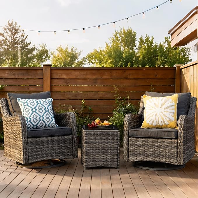 MEISSALIVVE 3 Pieces Patio Furniture Set, Outdoor Swivel Rocker with Washable Cushions & Tempered Glass Tabletop, Outdoor Rattan Conversation Set for Lawn Backyard Porch (Grey)