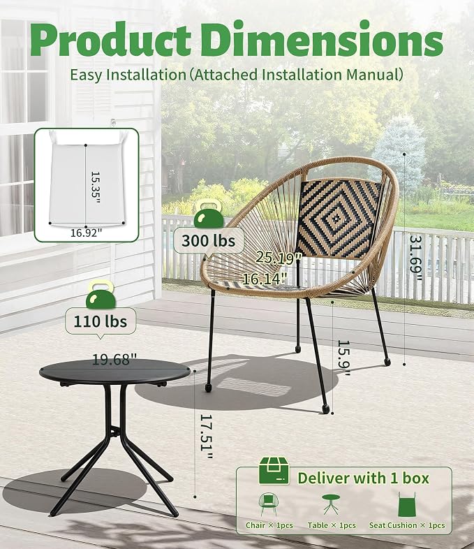 2-Piece Outdoor Patio Bistro Set, Wicker Chair with Cushion, PE Rattan All-Weather Conversation Set with Coffee Table for Balcony, Porch, Apartment, Poolside, Garden, Small Spaces, Black