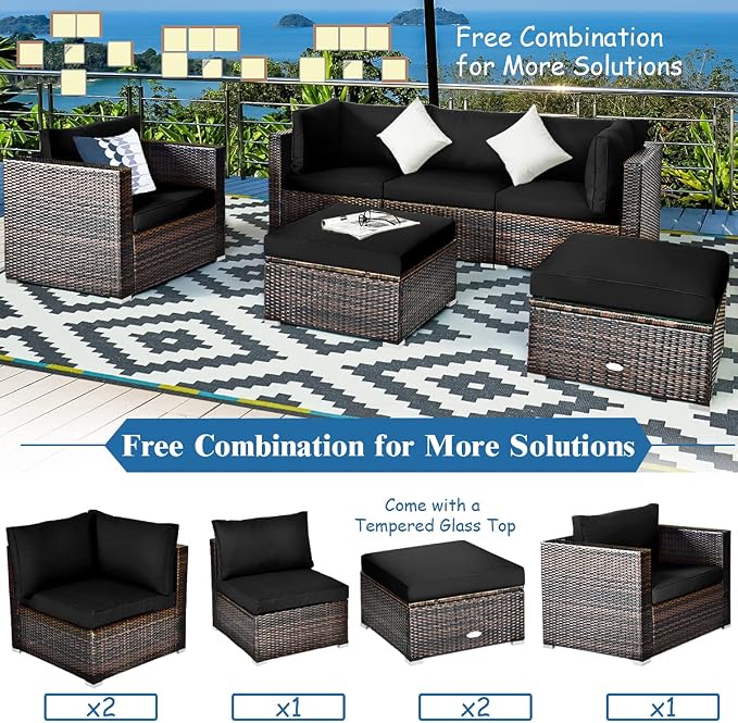 Tangkula 6 Pieces Wicker Patio Furniture Set, PE Rattan Outdoor Sectional Conversation Set with Glass Coffee Table & Ottoman, Wicker Sofa Set with Cushions for Yard Garden, Deck, Porch (Black)