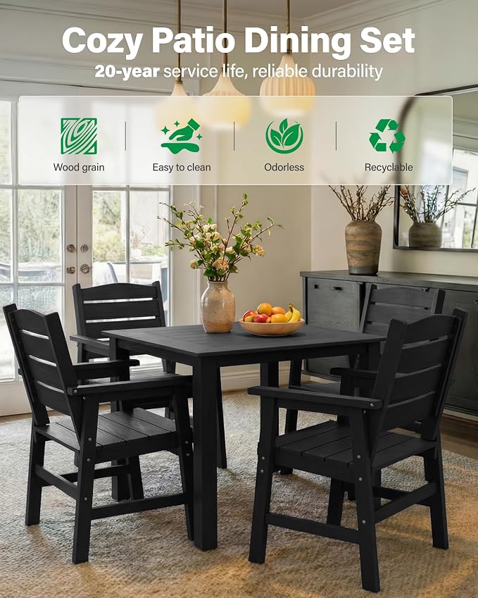 YEFU Outdoor Patio Table HIPS: Square Wood Grain Waterproof Easy-Clean All-Weather Patio Dining Table - Rust-Resistant Modern Outdoor Dining Table for Backyard Garden Deck Poolside（Black）