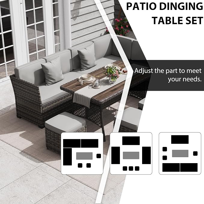 KIGOTY 7 Piece Patio Furniture Set, Outdoor PE Wicker Rattan Outdoor Dining Set, Patio Table and Chairs Set, Patio Conversation Sofa Set with Dining Table and Ottoman (Beige Black-Light Grey)