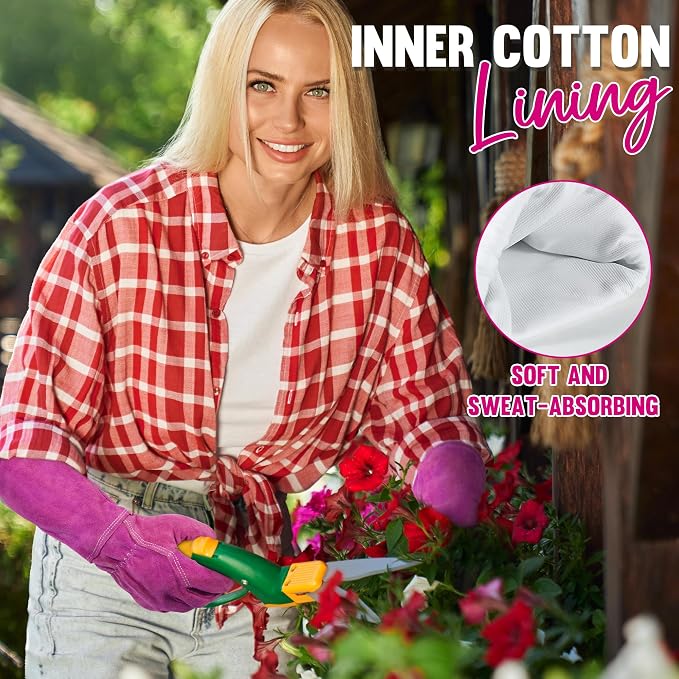 HANDLANDY Rose Pruning Gloves for Men Women, Thorn Proof Gardening Gloves | Long Leather Gardening Gloves, Breathable Leather Gauntlet, Best Garden Gifts & Tools for Gardener (Rosy, M)