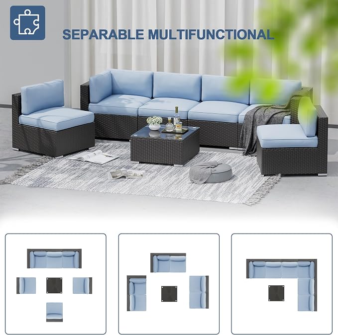 SUNCROWN 7-Piece Outdoor Patio Furniture Sofa Set All-Weather Wicker Sectional Conversation Set with Modern Glass Coffee Table, Cushions and A Waterproof Cover -Light Blue