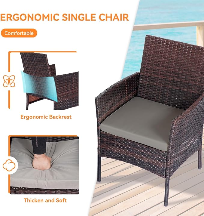 Patio Furniture Set, Outdoor Furniture Set 4 Pieces Patio Conversation Set PE Rattan Chair with Cushion Tempered Glass Table Garden Balcony Sets for Yard Pool Backyard Brown/Grey