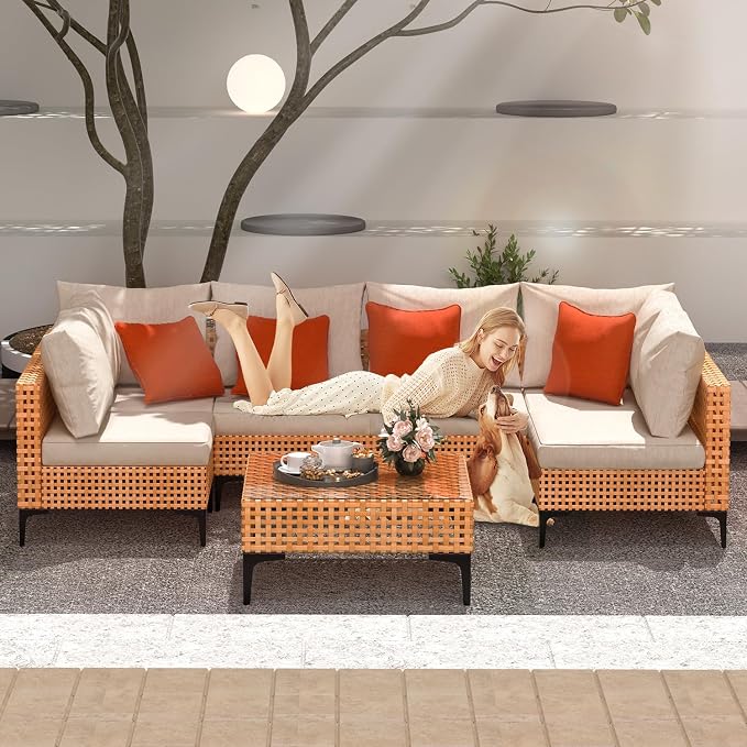 5 Piece Patio Furniture Set Modular Outdoor Furniture Set Wicker Sectional Patio Sofa with Table Cushions Patio Set for Balcony Porch Deck Yard (Salmon&Orange Wicker, Sand Cushion)