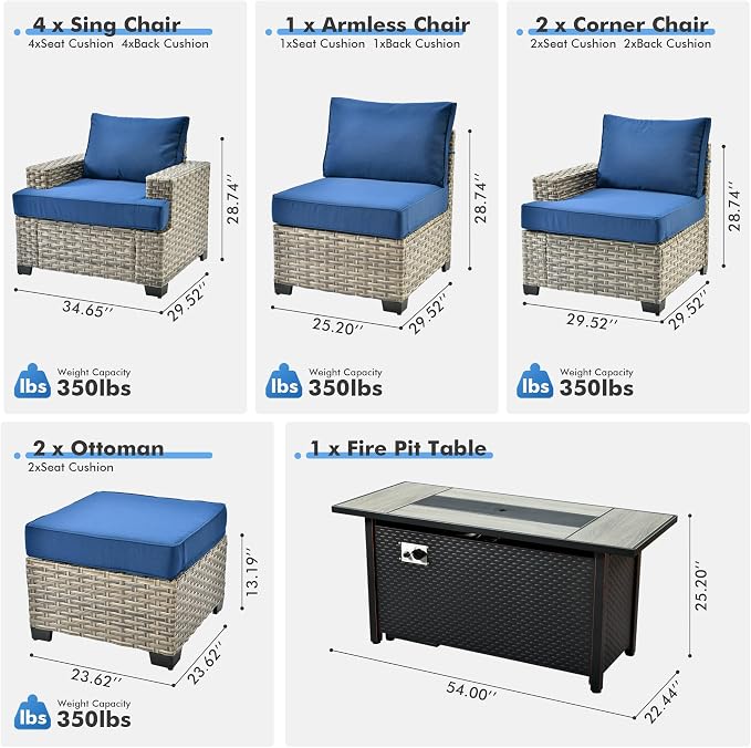 10 Pcs Outdoor Sectional Patio Furniture Set with Fire Pit Table - All Weather Wicker Modular Outside Sectional Couch,Patio Seating Outdoor Conversation Sets for Deck Yard Garden,Navy Blue
