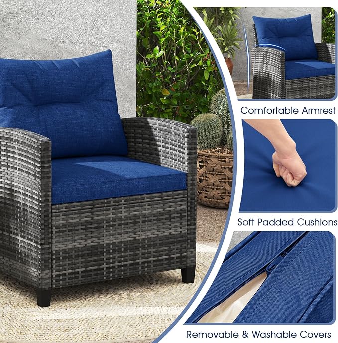 ORALNER 3 Pieces Patio Furniture Set, Outdoor Wicker Conversation Set, Rattan Chairs with Soft Cushions, Glass Coffee Table, Patio Bistro Set for Balcony Garden Deck Front Porch Poolside (Navy Blue)