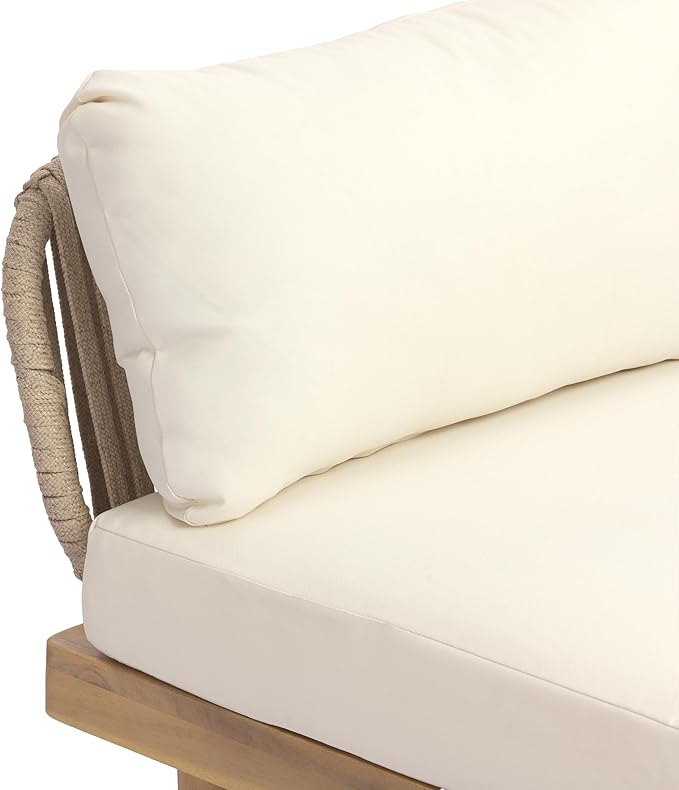 Christopher Knight Home Joan 7 Piece Patio Furniture Set with Slatted Coffee Table, Outdoor Sofa Set with Rope Back & Cushions, Acacia Wood Sectional Conversation Set, Beige+Cream+Light Teak