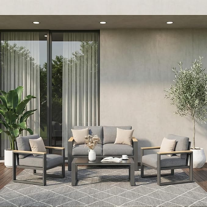 Aluminum Outdoor Patio Furniture Set with Height-adjustable Footrest for Lawn Porches Patio, 4-Seats All-weather Patio Sofa Sets with Coffee Table, Modern Outdoor Patio Conversation set, Grey