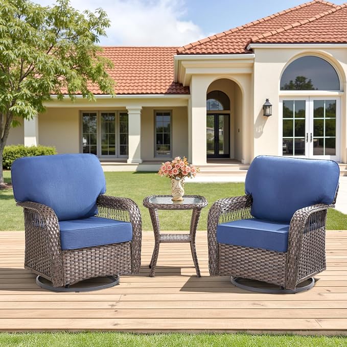 3 Pieces Patio Furniture Set with Swivel Chairs, All Weather Patio Wicker Chairs Swivel Rocker Rattan Side Table, High Back Outdoor Seating Furniture for Deck Porch Garden Yard, Blue