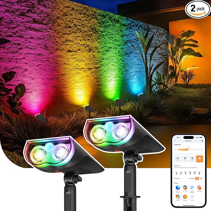 Linkind Smart Solar Lights Outdoor SL5 with Motion Sensor,2 Pack, IP65 | APP Control,Color Changing Solar Spot Lights Outdoor Waterproof,43 Preset Scenes,Landscape Lighting for Yard