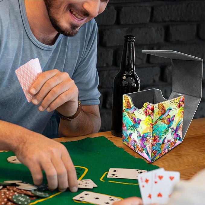 Deck Box for MTG, Cards Storage Box Fits 120+ Sleeved, Leather Medium Size Strong Magnetic Closing Card Case for Board Games Magic TCG CCG Baseball Collection, Four Birds Flowers