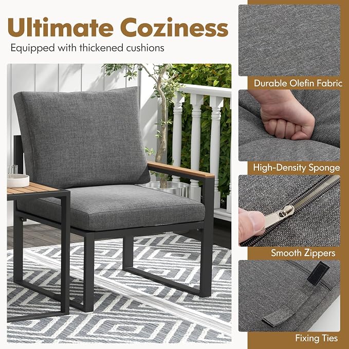 Tangkula 3 Pieces Patio Furniture Set, Aluminum Frame Weatherproof Outdoor Conversation Set with Soft Cushions for Backyard, Poolside, Porch, Balcony