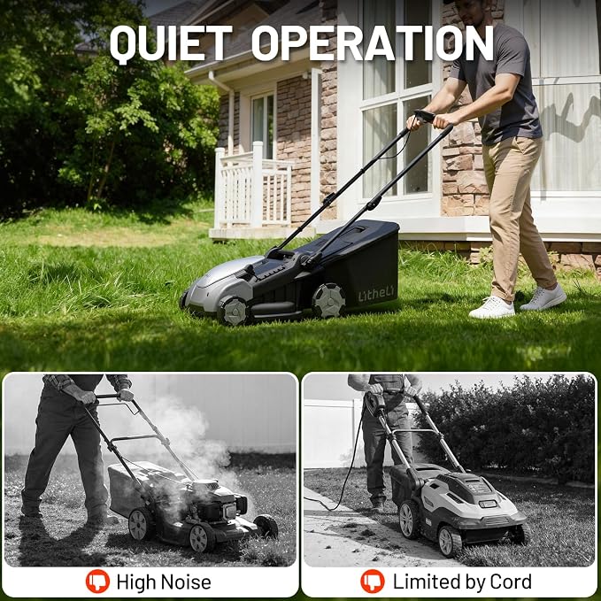Litheli 40V (2×20V) Electric Lawn Mower 16″, Battery Push Mower with Brushless Motor, 6 Position Height Adjust, 50L Grass Catcher, 2×5.0Ah Batteries & Charger
