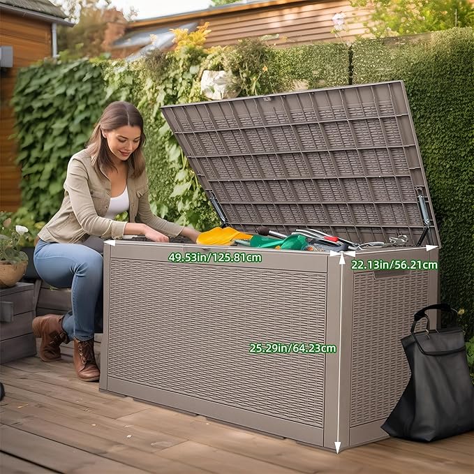 120 Gallon Outdoor Deck Box, Lockable Waterproof Outdoor Storage Boxes For Garden Tools,Indoor Cushions,Accessories Outside Storage Resin Weatherproof Container(Grey)