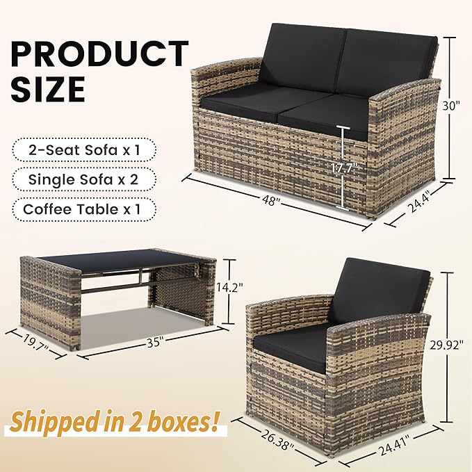 KROFEM 4-Piece Patio Furniture Set, Wicker Outdoor Rattan Sectional Sofa with Cushions and Glass Table, All-Weather Outdoor Conversation Set for Garden, Porch, Backyard, Patio, Black