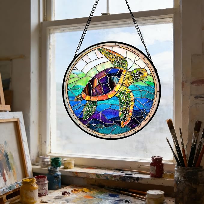 DASTOLL Stained Glass Window Hanging, Colored Turtle Ocean Suncatcher Diamond Glass Panel Hangings Marine Life Sun Catchers Decor for Birthday for Women, Men, Wife, Aunt, Mom 6.3 in