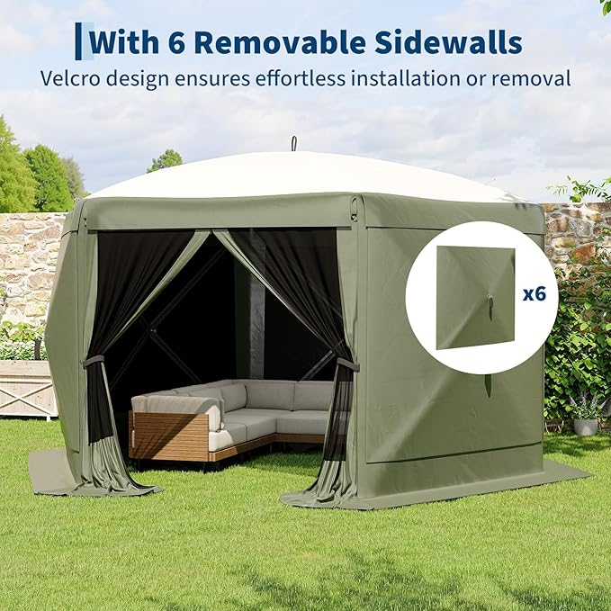 GarveeLife 11.5x11.5FT 6-Sided Pop Up Gazebo Tent，One-Push Setup Canopy Tent with Mesh Panels & Removable Wind Cloths, Outdoor shelter for Camping, Backyard Parties, Outdoor Events - Army Green