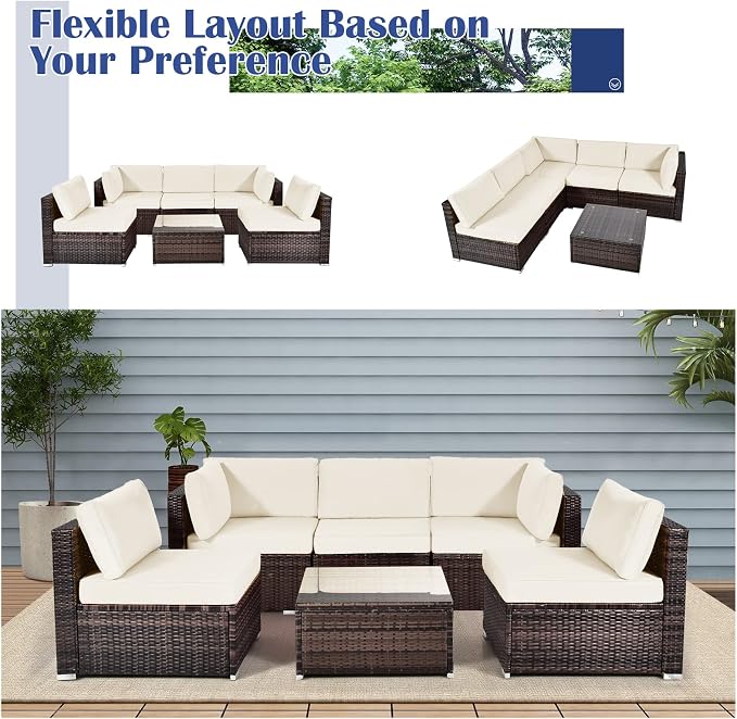 HAPPYGRILL 6 Pieces Outdoor Patio Furniture Set, PE Rattan Conversation Set with Tempered Glass Coffee Table and Cozy Cushions, Weather Resistant Sectional Sofa Set, White