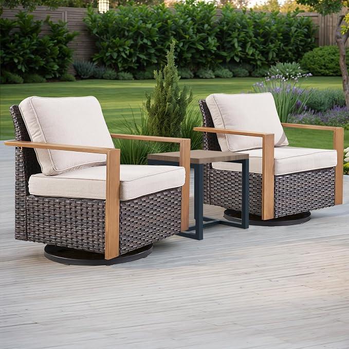 Outdoor Patio Swivel Rocker Chairs - 3 Piece Wicker Patio Furniture Bistro Set with 2 Swivel Rocking Chairs and 1 Metal Side Table,Thick Cushions,Deep Seating for Deck Porch Garden(Brown/Beige)