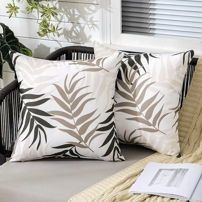 MIULEE Outdoor Waterproof Throw Pillow Covers 16x16 Coffee Brown Pack of 2 | Decorative Patio Pillow Cases Natural Leaves Pattern Spring Square Cushion Shams Shell for Garden Balcony Couch
