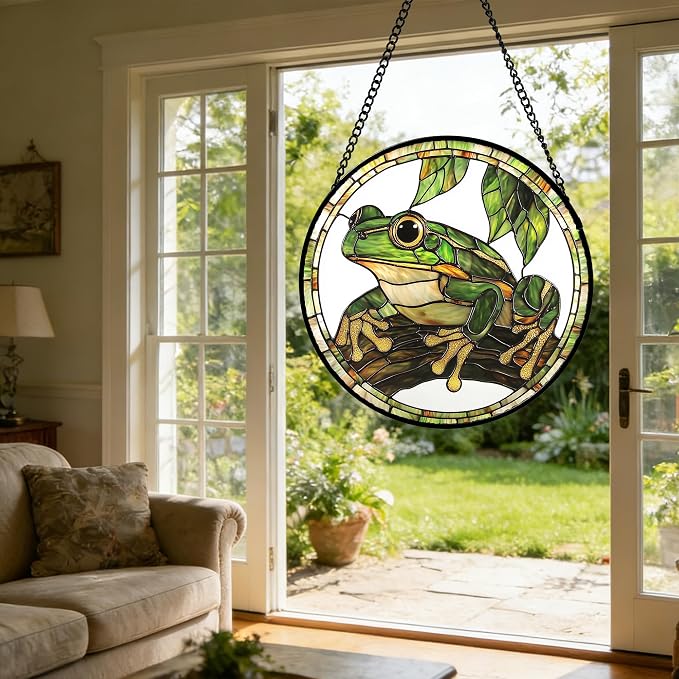 DASTOLL Stained Glass Window Hanging, Frog Green Leaf Sun Catchers Colorful Glass Panel Cool Suncatcher Decor for Birthday for Women, Men, Wife, Aunt, and Mom 9.8 in