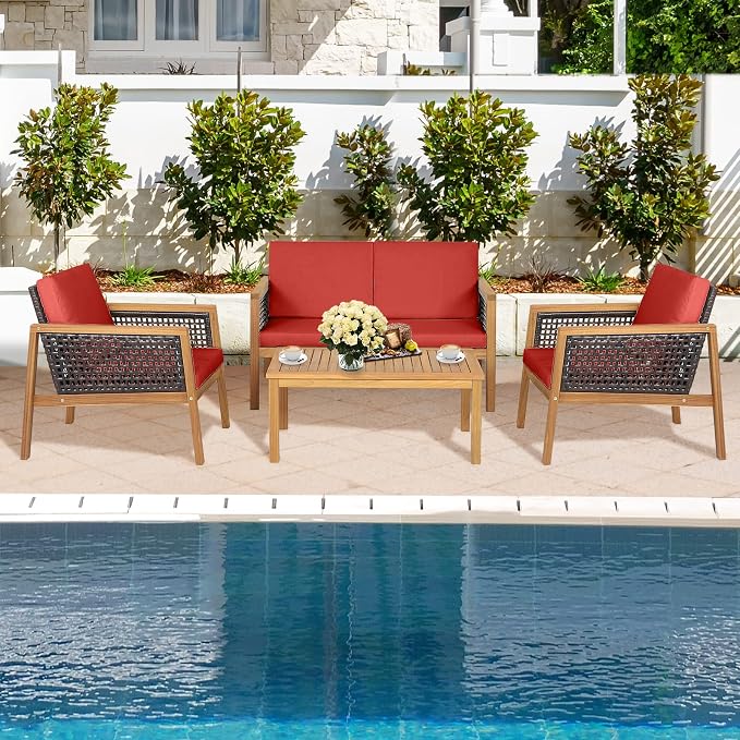 4 Pieces Outdoor Acacia Wood Furniture Set, Outdoor PE Wicker Conversation Set with Coffee Table and Soft Cushions, Outdoor Sofa Set for Garden, Poolside and Backyard (1, Red)