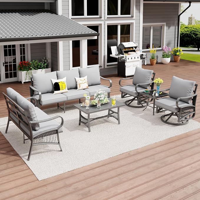 6 Piece Patio Furniture Set, 2 Single Swivel Chairs, Rope Braided Exposed with Thick Cushions, Outdoor All Weather Patio Conversation Sectional Sofa Set for Garden, Porch, Lawn, Grey