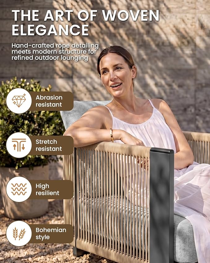 Vexwalx Luxury Patio Furniture Set, 5-Piece Curved Outdoor Furnitrue Set with Weather-Resistant Aluminum Frame and 7.1" Thicker Cushion, Woven Rope Patio Conversation Set for Deck, Garden