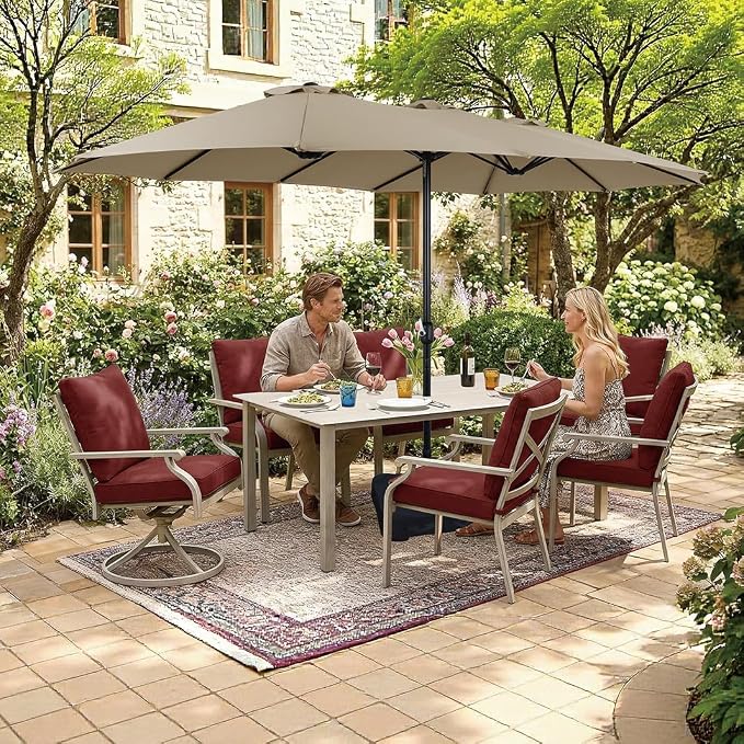 7-Piece Patio Dining Set, White Food-Grade Sintered Stone Dining Table with Umbrella Hole, 4 Dining Chairs and 2 Swivel Chairs with Red Removable Thickened Cushions for Garden Lawn Yard