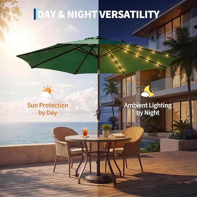 Garvee 10FT Patio Umbrella with 32 Solar LED Lights, Outdoor Table Market Umbrella with Tilt and Crank, 8 Sturdy Iron Ribs Sun Shade for Garden, Deck, Backyard and Pool, Dark Green