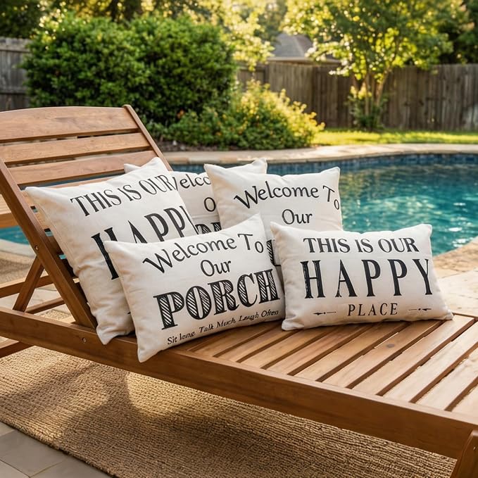 JOJOGOGO Welcome to Our Porch Outdoor Pillow Covers Waterproof 18x18 Set of 2, Decorative Farmhouse Outdoor Throw Pillows 18 x 18, Back Porch Decor Patio Furniture Pillows (This is Our Happy Place)