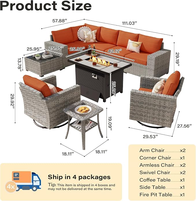10 Pieces Outdoor Patio Sectional, Wicker Patio Furniture Set with 42 inch Fire Pit Table, All-Weather L Shaped Patio Conversation Set with Swivel Chairs, for Backyard Porch Yard,Orange