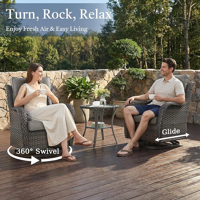 Outdoor Swivel Rocker Patio Chairs with Side Table 3 Pieces PE Wicker Patio Furniture Set for Porch Deck Balcony Garden-Brown/Grey