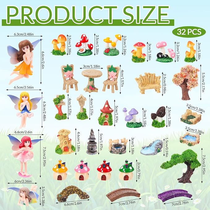 32 Pcs Fairy Garden Accessories Mini Fairy Figures | Miniature Table and Chairs Bridge Mushroom Lighthouse Water Well Pond Landscape OrnamentKit for DIY Garden Potted Desk Decor