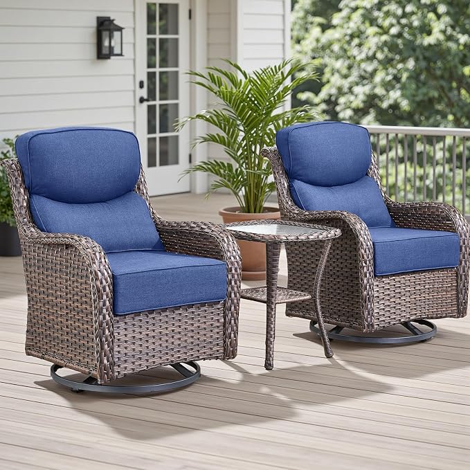 Rilyson Outdoor Patio Furniture Set - Weather Resistant Wicker,High Back,6 inch Cushions,3 Piece Patio Bistro Set with Swivel Rocker Chairs and Side Table for Deck Porch Yard,Brown/Blue