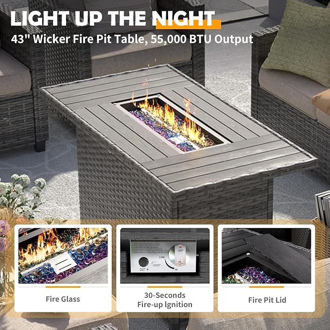 UDPATIO Patio Furniture Set with 44" Fire Pit Table, 6 Pieces Outdoor Sectional Conversation Sets, All-Weather Wicker Rattan Sofa Ottoman with 4" Thick Cushion for Garden Backyard Poolside, Navy Blue