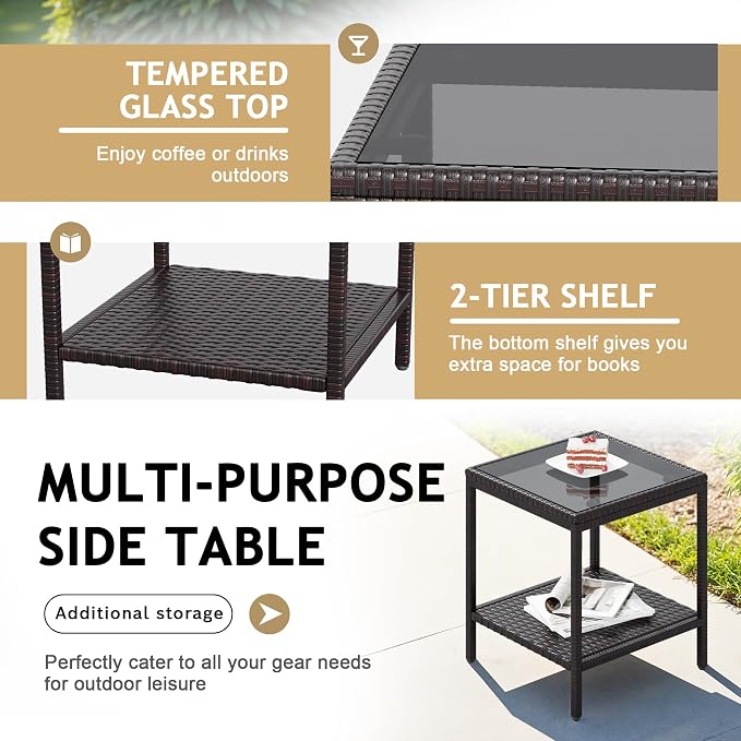 Devoko Patio Furniture Set 3 Pieces Outdoor Wicker Chairs Set of 2 with Coffee Table for Outside Porch Balcony (Brown)