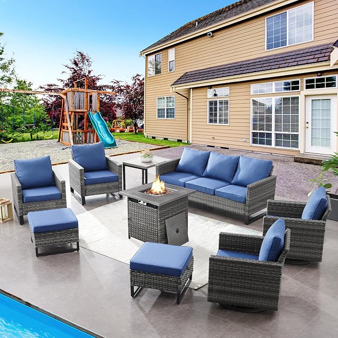 Belord Patio Furniture Set with Fire Pit Table: 9 Pieces Wicker Oversize Patio Conversation Set with Outdoor Swivel Glider Rocker Rattan Couch Ottomans, Anti-Rust Frame, Removable Cushion Blue